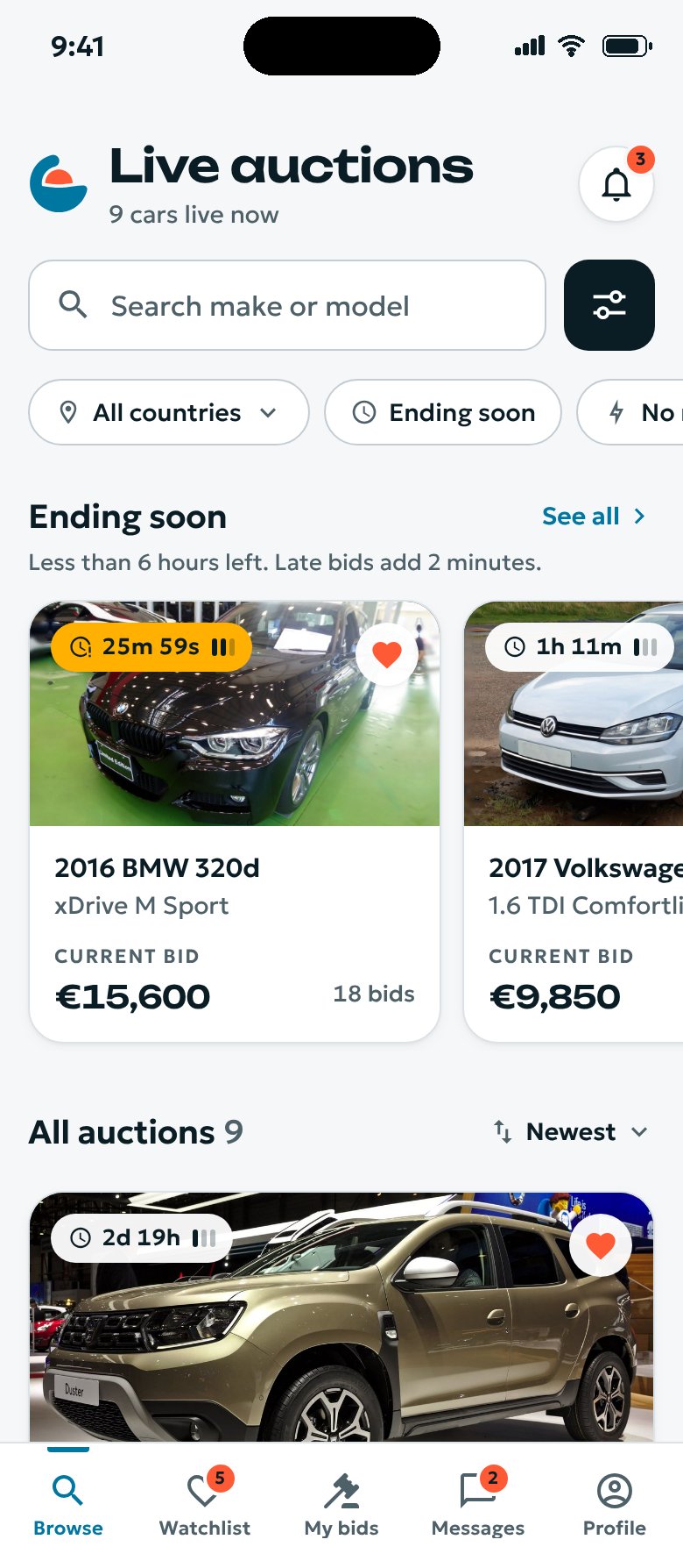 The Going Once Cars app: the Live auctions screen, with a countdown on each car