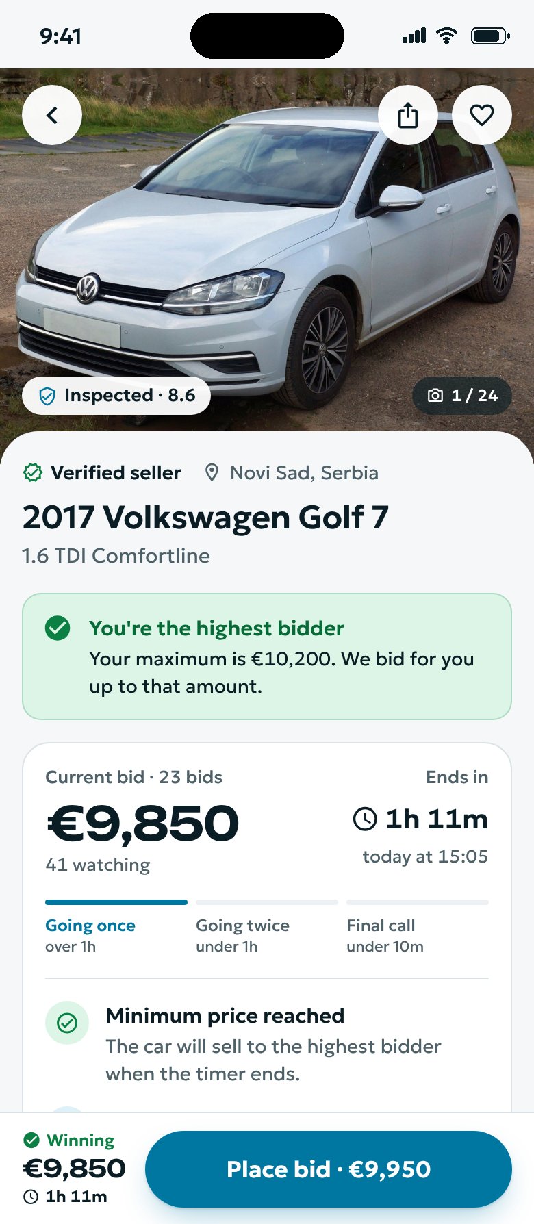 Car detail screen: 2017 Volkswagen Golf 7 with the banner You're the highest bidder